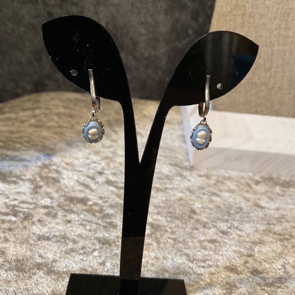 Tiny Blue and White Cameo Clip On Earrings